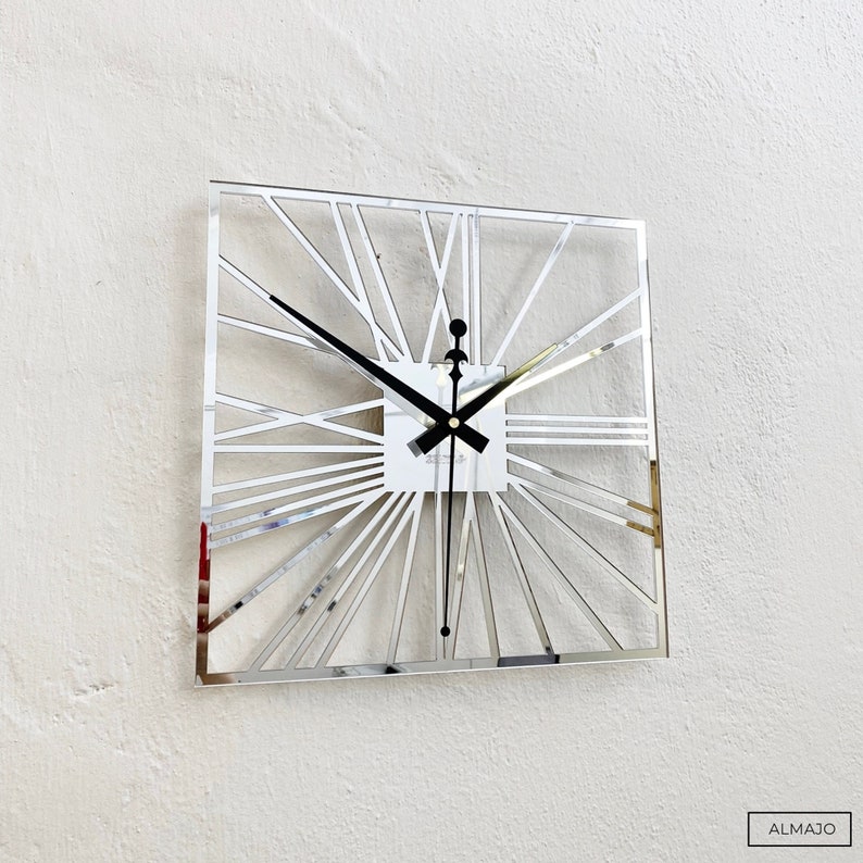 wall clock, living room clock, decorative clock, elegant clock, wall decoration, modern clock, mirror clock, silver clock, mirror silver, plexiglass clock