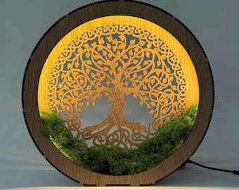 Tree of Prosperity Moss LED Lamp, Dimmable Wooden Table Light, Natural Decor