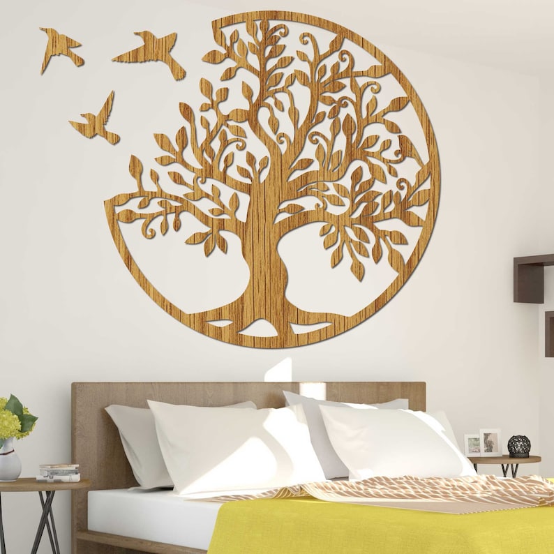 Elegantes, exklusives Holz-Wandkunst-Dekor, Blumen-Wandbehang, Mandala-Holz-Wandkunst, Schlafzimmer, Holz-Wandpaneel, Wohnzimmer, Baum des Lebens Oak