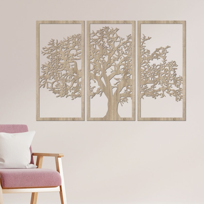 Ensemble de 3 panneaux décoratifs muraux en bois, arbre de vie, art mural en bois, décoration d'intérieur, arbre de vie suspendu, oeuvre d'art unique image 2