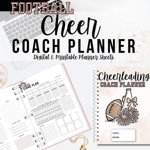 Puede incluir: Un planificador digital e imprimible para entrenadores de porristas con una cubierta rosa y encuadernación en espiral. El planificador incluye hojas de plan de juego, notas y un diseño de portada con un balón de fútbol, pompones y un megáfono.