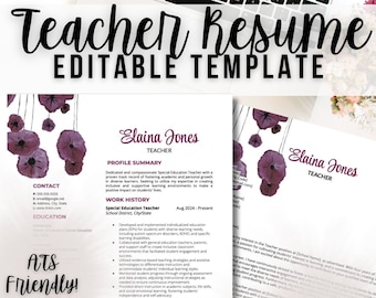 Purple Floral Teacher Resume Template: ATS Friendly, Cover Letter (Google Docs)