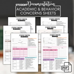 May include: A set of printable student concern sheets for academic and behavioral issues. The sheets are pink and white with black text and include sections for student data, academic assessment, attempted interventions, accommodations and modifications, and behavior tracking data.