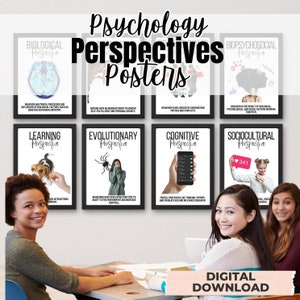May include: A collection of eight psychology posters, each framed in black, with titles like "Biological Perspective" and "Cognitive Perspective." The posters feature images and text explaining different psychological viewpoints. The words "Psychology Perspectives Posters" are at the top, and "Digital Download" is at the bottom.
