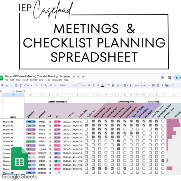 IEP Caseload Meetings Checklist Planning Spreadsheet: Tracking Due Dates, Special Needs Students, Inclusive Education, Teacher Productivity