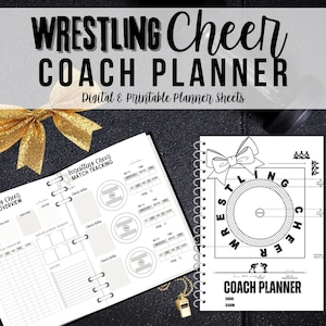 May include: A black and white Wrestling Cheer Coach Planner with spiral binding. The planner includes match tracking and cheer overview pages. The cover features a wrestling ring graphic and the text "Wrestling Cheer Coach Planner". A gold bow and whistle are also visible.