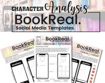 Character Analysis Activity Sheets "BookReal" Printable and Digital Google Slides, Inferencing, Text Evidence, Social Media Template