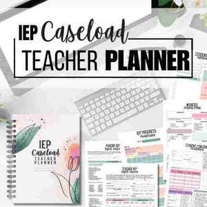 May include: A teacher planner with the text "IEP Caseload TEACHER PLANNER" is displayed. The planner is spiral-bound and features a floral design. A white keyboard and several printed sheets with text and charts are also visible.