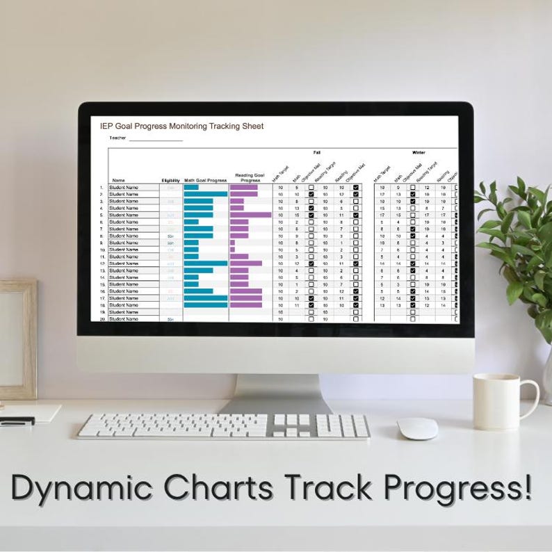 Effortlessly set tailored objectives for each student during fall, winter, and spring. Our drop-down menus make goal-setting a breeze, ensuring that objectives are aligned with each student's unique learning path. Monitor achieved goals and mark milestones with with easy-to-use checkboxes. Illuminate the journey to success with dynamic progress bars. Through automated conditional formatting, goals transform into vibrant, sparkling achievements as students progress towards their targets.