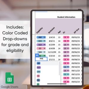 Google Sheets 
Special Education, Teacher Tools, IEP Meeting Tracker. Caseload Management 
Caseload Organizer
Teacher Productivity
IEP Meeting Preparation
Special Needs Education
Individualized Education Plans
Special Education Caseload Efficiency
Administration