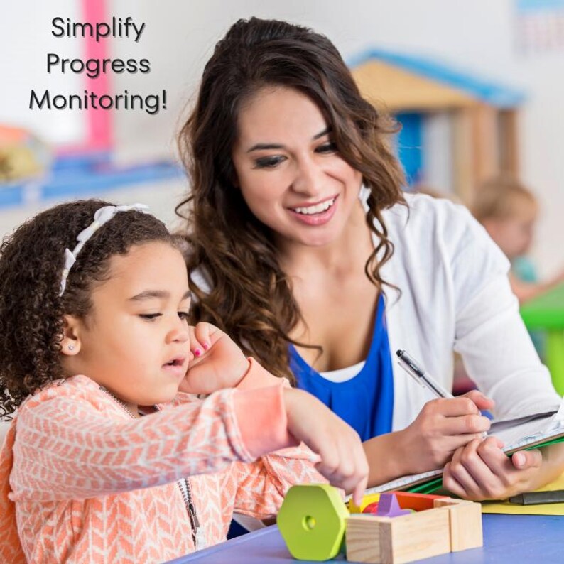 Simplify Progress Monitoring! This Google Sheet will help you easily track math and reading goals across the fall, winter, and spring terms, while providing an overview and visual representation of each student's progress. Teal and purple progress bars and line charts track student objectives.  Dropdowns offer choices like AUT, ED, OHI, SLD, IntD, and 504. Checkboxes indicate objective completion. Data collection spans fall, winter, and spring.