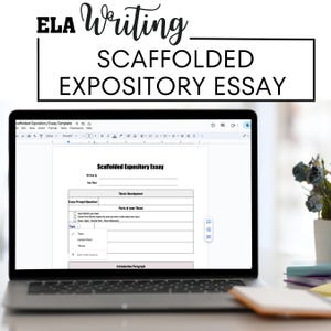 May include: A laptop computer displaying a scaffolded expository essay template. The template includes sections for essay prompt, thesis development, and introduction paragraph.