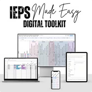 Op de afbeelding: Een digitale toolkit genaamd IEPS Made Easy weergegeven op een computermonitor, laptop, tablet en smartphone. De schermen tonen diverse educatieve spreadsheets, formulieren voor het bijhouden van leerlinggegevens en interfaces.