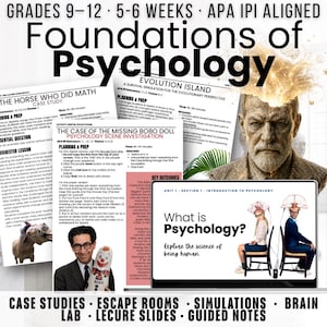 Op de afbeelding: Educatief materiaal getiteld Foundations of Psychology met casestudy's, escape rooms en lesdia's. Bevat tekst over The Horse Who Did Math, Evolution Island en The Case of the Missing Bobo Doll, met afbeeldingen van Sigmund Freud en studenten.