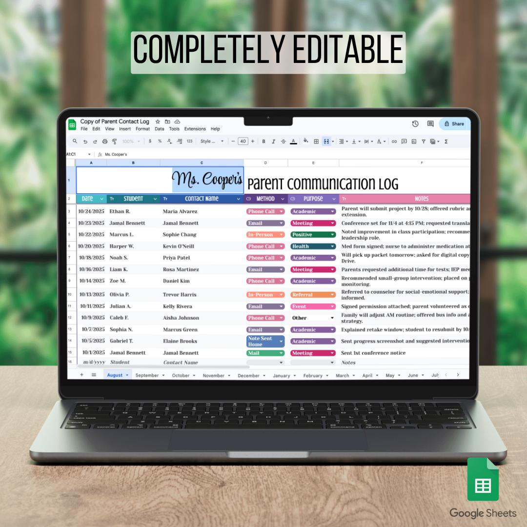 Teacher Communication Log | Editable Google Sheets | Parent Contact ...