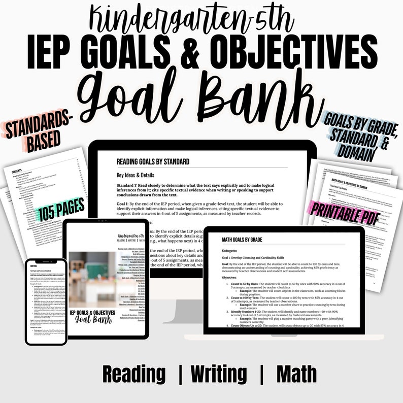 IEP Goals, Special Education, K-5 IEP, Reading Goals, Writing Goals, Math Goals, Elementary Education, Teacher Resources, Standards-Based Goals, Individualized Education Program, Special Ed Goals, Educational Tools, IEP Objectives, Teaching Materials