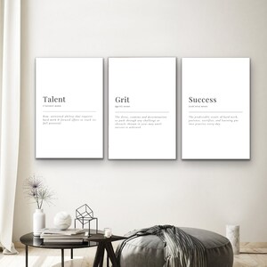 Może przedstawiać: Trzy białe oprawione wydruki z czarnym tekstem na białym tle. Wydruki są zatytułowane "Talent", "Grit" i "Sukces" i każda definicja jest napisana pod tytułem. Wydruki wiszą na białej ścianie w nowoczesnym salonie.