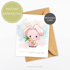 Set van 2 aquarel Happy Easter wenskaart | Leuke Paaskaart | Konijn Paaskaart | Konijntje Pasen | Tekenfilm