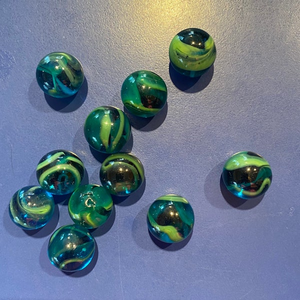 Set of 5 “Sea Turtle” Mega Marble Glass Marbles, 5/8”, Clear Aqua w/ Lime Green Swirls, New Mint Collectibles, Arts, Crafts, Games