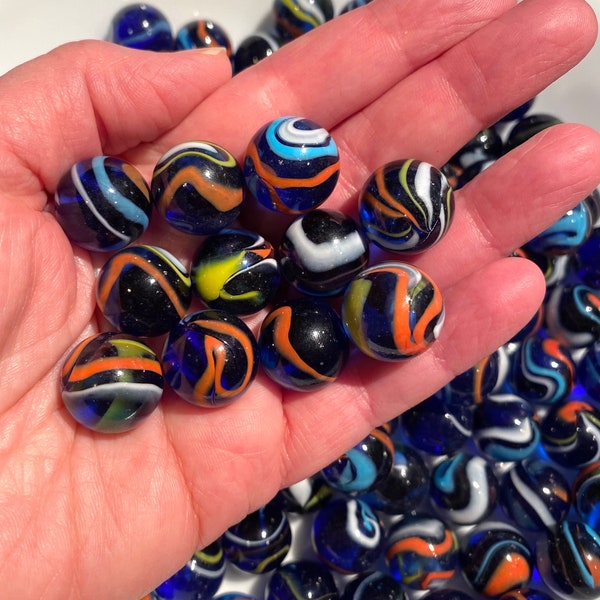 Early Edition “Michelangelo” Set of Five Mega Marble Glass Marbles, 5/8” 16mm, Clear Dark Blue w/ Red, Yellow & White Swirls, Mint, Crafts