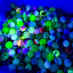 Glowing Jabo Marbles, Set of 15 or 25 14-16mm & 22-25mm Ultraviolet Black Light UV Reactive Glow 9/16”-5/8” Glass Marbles, Mint, Crafts