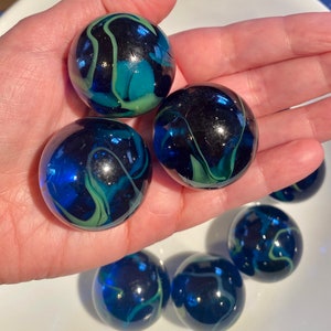 One Sparking “Sea Turtle” Mega Marble Glass Marbles, 1 3/8” (35mm), Large Boulder Marble, Clear Aqua Blue with Green Swirls, New Mint