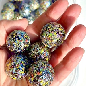 1 or Set of 5 “Glitterbomb” Mega Marble Glass Large Marbles, 1” 25mm, Clear Violet with Multi Colored Frit, New Wet Mint, Crafts & Games