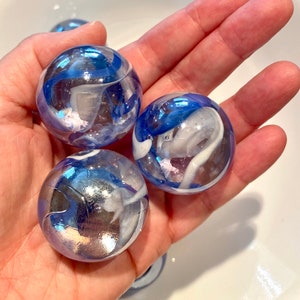 One Gorgeous “Vapor” Mega Marble Glass Marbles, 1 3/8” (35mm), Large Boulder Marble, Clear Iridescent with Blue and White Swirls