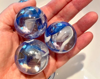 One Gorgeous “Vapor” Mega Marble Glass Marbles, 1 3/8” (35mm), Large Boulder Marble, Clear Iridescent with Blue and White Swirls