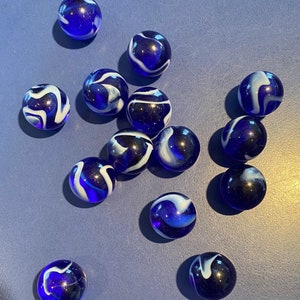 Set of 5 “Neptune” Mega Marbles Glass Marbles, 5/8” 16mm Clear Dark Cobalt Blue w/ White Swirl, Collectible Mint Marbles, Games Crafts