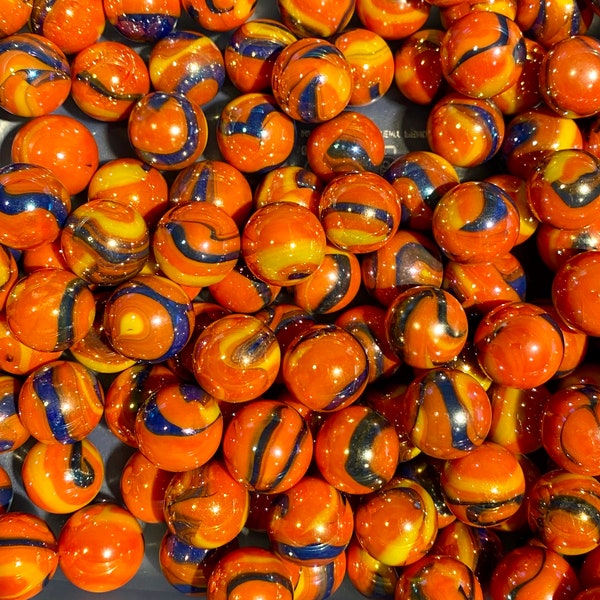 Set of 5 “Supernova” Mega Marble Glass Marbles, 5/8” (16mm), Iridescent Orange with Blue & Yellow Swirls, Mint Marbles, Arts Craft Supplies