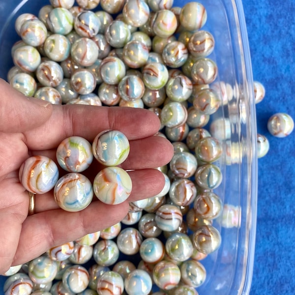 Set of 5 “Unicorn” Mega Marble Glass Marbles, 5/8” 16mm Iridescent White w/ Rainbow Swirls, Collectible New Mint, Crafts & Games