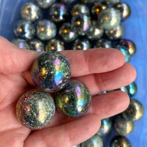 SHOP CLOSING SALE! Set of 5 Jupiter Mega Marble Glass Shooter Marbles, 7/8” 22mm Iridescent Rainbow Metallic Black w/ White Splatter, Mint