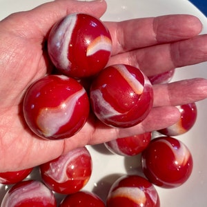 One Retired “Firefighter” Mega Marble Glass Marbles, 1 3/8” (35mm), Large Boulder Marble, Red w/ White Swirls