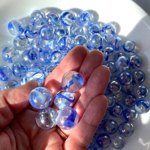 Set of 5 or 10 “Vapour” Mega Marble Glass Marbles, 5/8” 16mm Clear Iridescent Blue & White Swirl, Collectible Mint Marbles, Craft Supplies