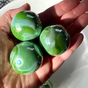 One Striking “Fungus” Mega Marble Glass Marbles, 1 3/8” (35mm), Large Boulder Marble, Iridescent Green with White Swirls, New Mint, Crafts