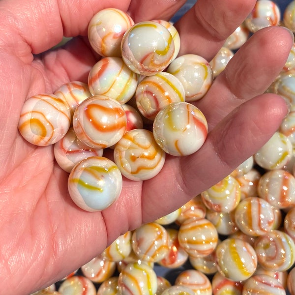 New for 2023! Set of 5 “Gelato” Glass Mega Marbles 5/8” 16mm, Iridescent White with Orange, Yellow and Red Swirls, Collectible Mint, Crafts