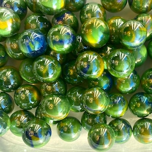 1 or Set of 5 “Peacock” Mega Marble Glass Shooter Marbles, 7/8” 22mm, Iridescent Green w/ Blue & Green Swirls, New Mint, Crafts and Games