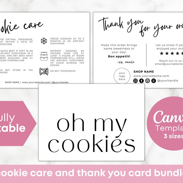 Cookie Care Card Canva Template, Cookie Card Template, Cookie Packaging Insert, Bakery Business Care Card, Printable Care Card