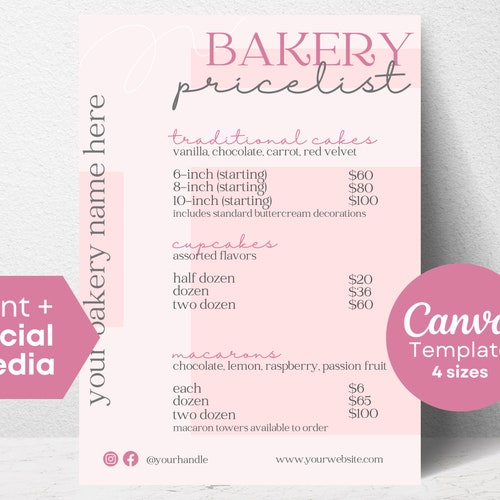 Bakery Price List Price List Template Bakery Menu Canva - Etsy