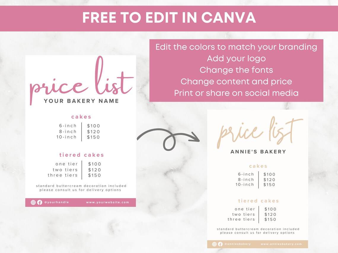 Bakery Menu, Bakery Price List Editable Template, Bakery Price List