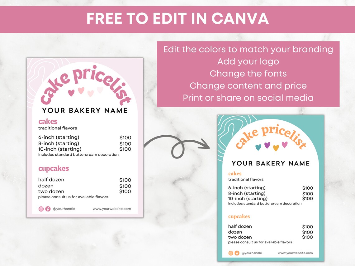 Bakery Price List, Price List Template, Bakery Menu, Canva Template