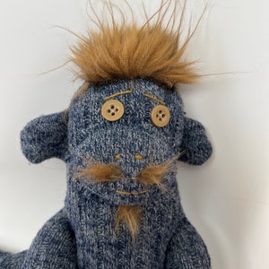 Hairy Handmade Sock Monkey has goatee, mustache, wild hair