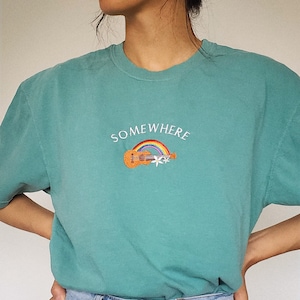 Hawaii Ukulele Embroidered Unisex T-Shirt, Vintage Inspired Tee, Rainbow, Beach Day, Souvenir, Merch