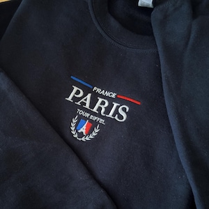 Paris Eiffel Tower Embroidered Sweatshirt, French Flag Crewneck, Tour Eiffel Sportswear
