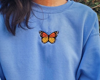 Monarch Butterfly Embroidered Unisex Sweatshirt, Vintage Inspired Crewneck, Minimal Butterfly Hoodie