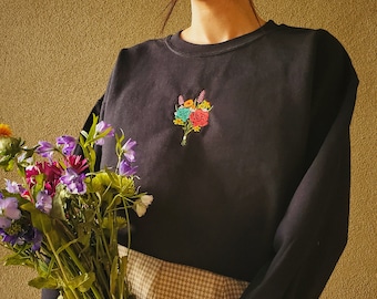 Flower Embroidered Unisex Sweatshirt, Vintage Inspired Crewneck, Bouquet, Wildflowers Academia Sweater