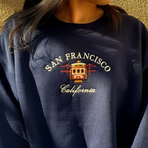 San Francisco Cable Car Embroidered Unisex Crewneck Sweatshirt, Vintage Inspired Pullover, Golden Gate Bridge Hoodie, Trolley Sweater