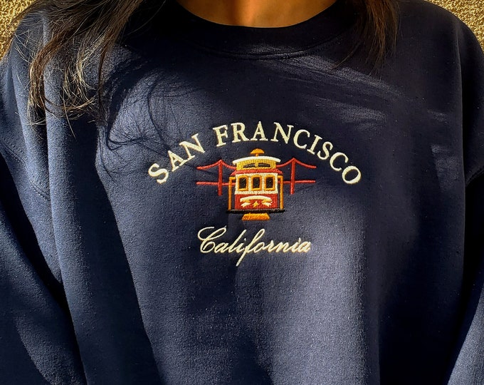 San Francisco Cable Car Embroidered Unisex Crewneck Sweatshirt, Vintage Inspired Pullover, Golden Gate Bridge Hoodie, Trolley Sweater