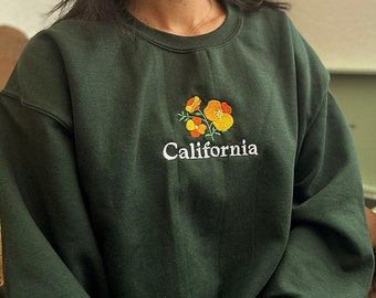 California Poppy Embroidered Unisex Sweatshirt, Vintage 90s Inspired Crewneck, Flower Hoodie